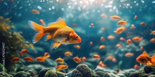 a goldfish swimming in beautiful fish tank decorated with aquatic plants and rock, bubble with bokeh light, gorgeous aquarium scene, Generative Ai