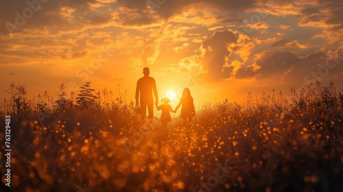 happy father mother and son holding hand walking on wild grass field at sunset time, family time, Generative Ai photo