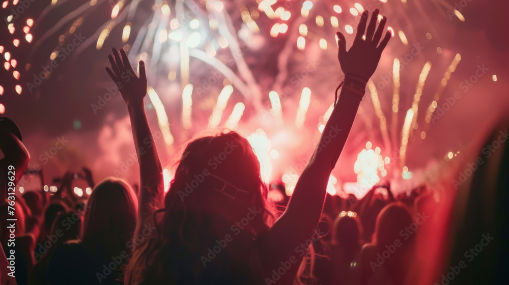 A crowd of spectators at a festival with fireworks lighting up the night sky.