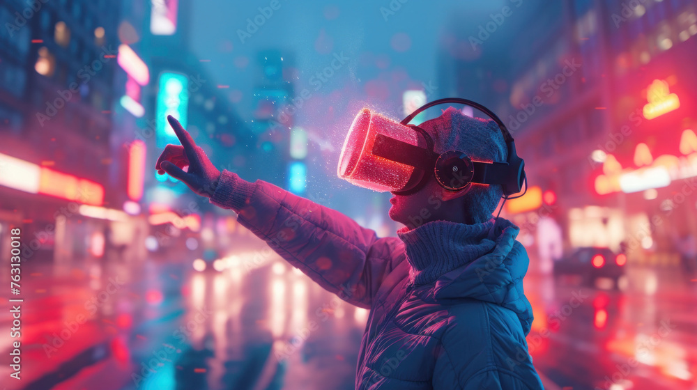 a man in a VR helmet stands on the street in neon light, raises his hand, immersing himself in virtual reality, banner a man in a VR helmet stands on the street in neon light, raises his hand, immersing himself in virtual reality, banner
