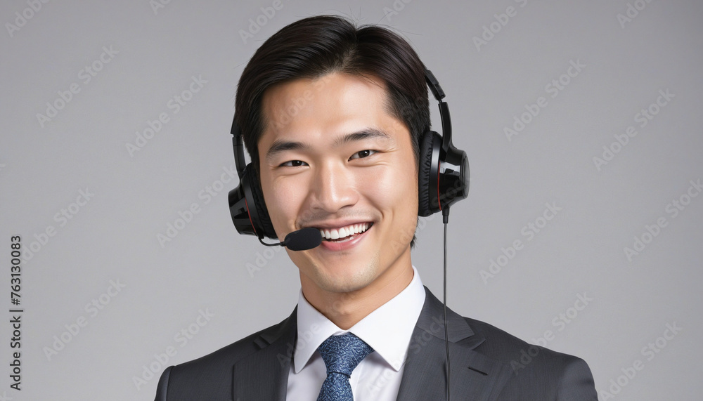 Attractive smiling Asian businessman dressed in suit and headphones Attractive smiling Asian businessman dressed in suit and headphones