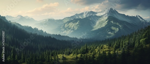 a mountain range landscape filled with pine forest