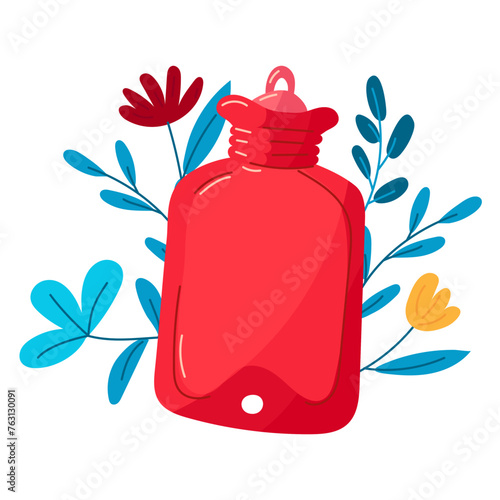 Pink hot water bottle. Rubber hot water bottle, vector illustration, insulated. An item to facilitate the menstrual cycle. Women's health. A warm object for pain relief. An object on of flowers