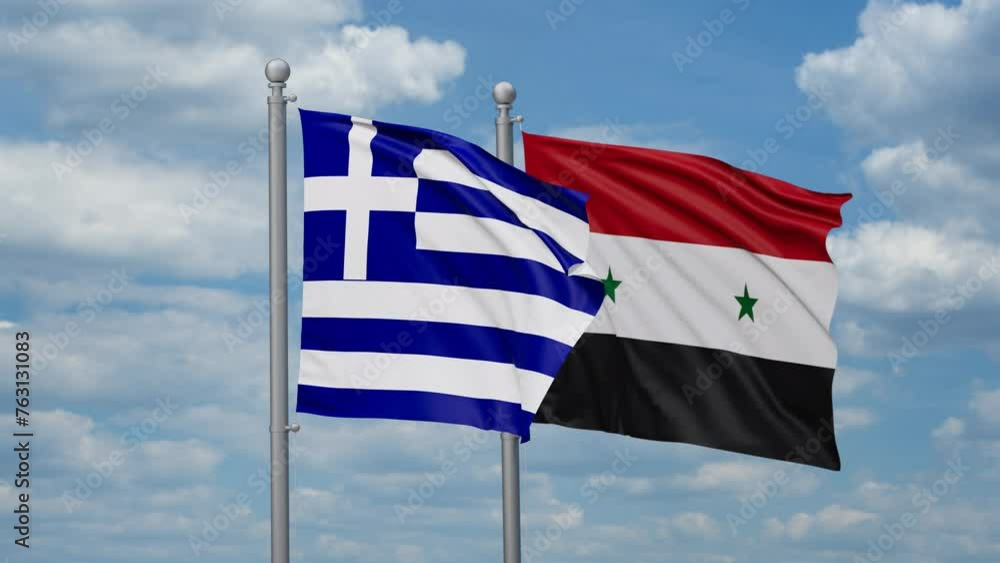 Syrian Arab Republic, Syria and Greece two flags waving together, looped video, two country cooperation concept Syrian Arab Republic, Syria and Greece two flags waving together, looped video, two country cooperation concept
