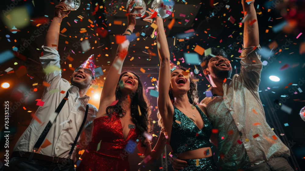 Four friends are celebrating with arms raised amidst a shower of confetti.