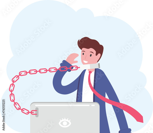 Man in suit, manager or employee sit on a chain before laptop. Internet Addiction Disorder. Vector, flat, illustration

