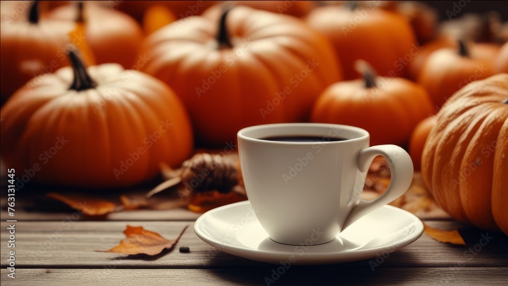 Cup of coffee on a wooden surface near the pumpkins.