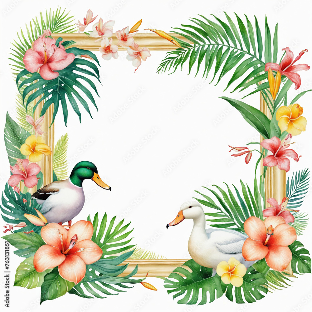 Watercolor tropical summer frame with ducks, flowers and leaf