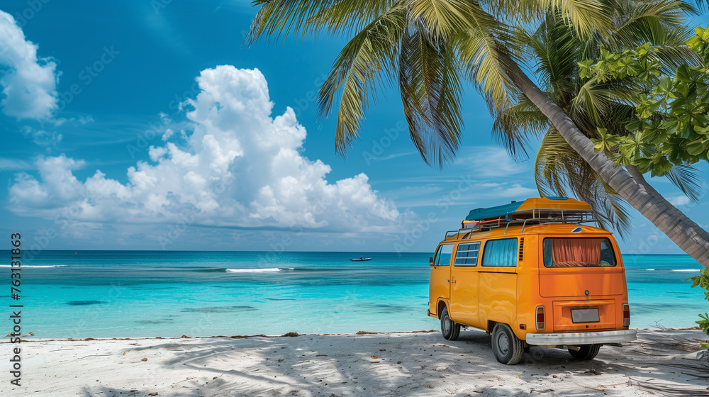 A colorful van parked on a sandy beach next to a towering palm tree, under the clear blue sky of a summer day