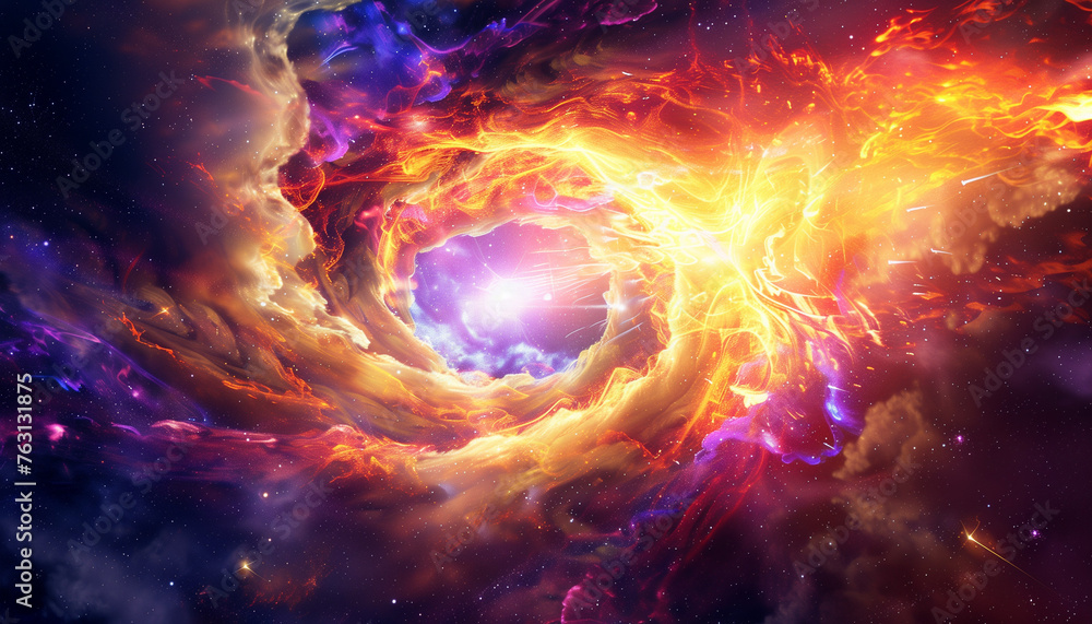 Supernova creating a vortex of purple, red, yellow and blue flames around a bright white hot core in space Supernova creating a vortex of purple, red, yellow and blue flames around a bright white hot core in space