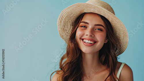 Portrait of a cheerful smiling woman in straw hat on pastel blue background