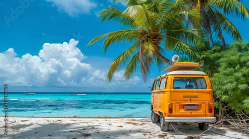 A colorful van is parked on a sandy beach next to a tall palm tree with lush green foliage. The setting evokes a sense of adventure and relaxation during a summer road trip