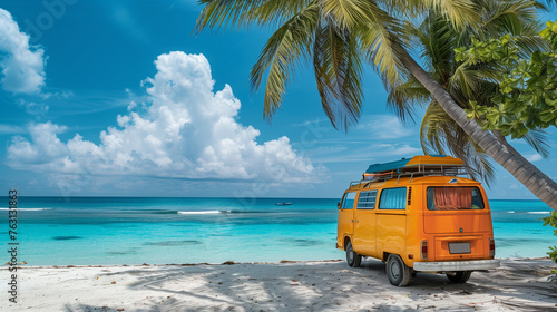 A colorful van parked on a sandy beach next to a towering palm tree, under the clear blue sky of a summer day © Fokke Baarssen