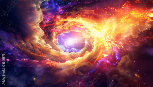 Supernova creating a vortex of purple, red, yellow and blue flames around a bright white hot core in space