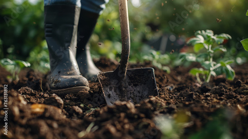 A shovel digs into rich soil with a person in boots standing by during a gardening session.