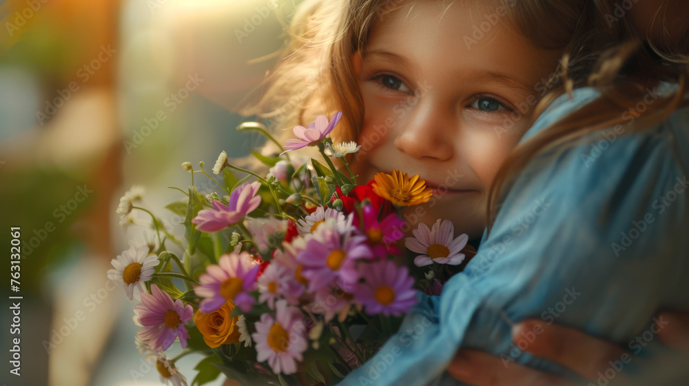 A smiling toddler hugs a vibrant bouquet of mixed flowers.