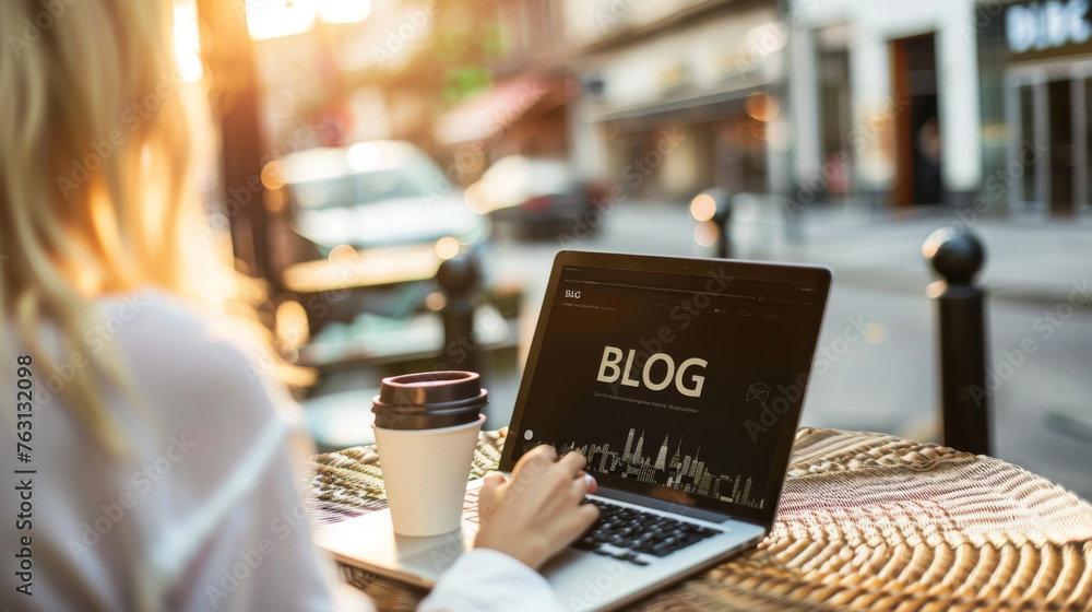 A person is using a laptop with a 'BLOG' screen visible, accompanied by a cup of coffee on a wicker table. A person is using a laptop with a 'BLOG' screen visible, accompanied by a cup of coffee on a wicker table.