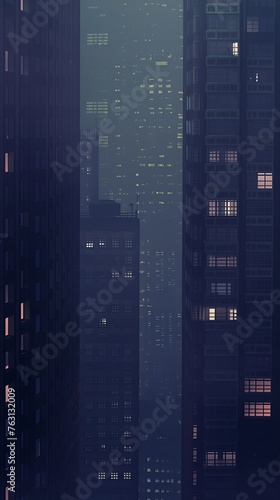 Dark synth 32 bit style misty skyline of a dense city at night with skyscrapers.