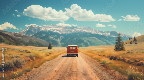 A vibrant red van speeds down a dusty road on a summer road trip adventure
