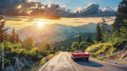 A vibrant crimson car speeds down a winding mountain road, embracing the thrill of a summer road trip adventure photo