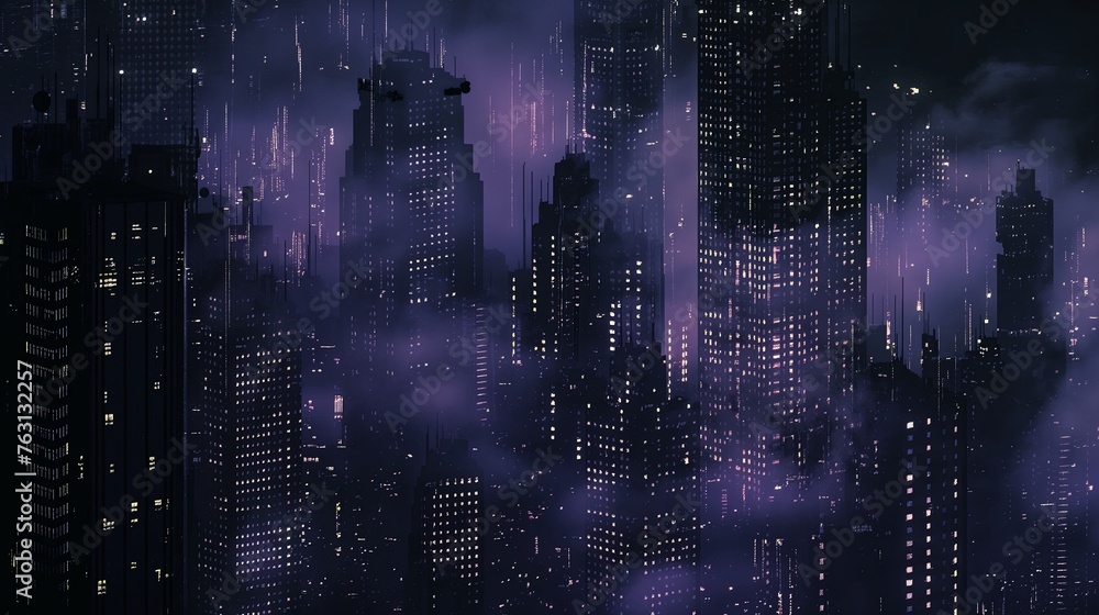 Dark synth 32 bit style misty skyline of a dense city at night with skyscrapers.