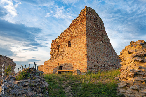 Ruins of the Byzantine castle of Gynaikokastro near the city of Kilkis in northern Greece at sunset