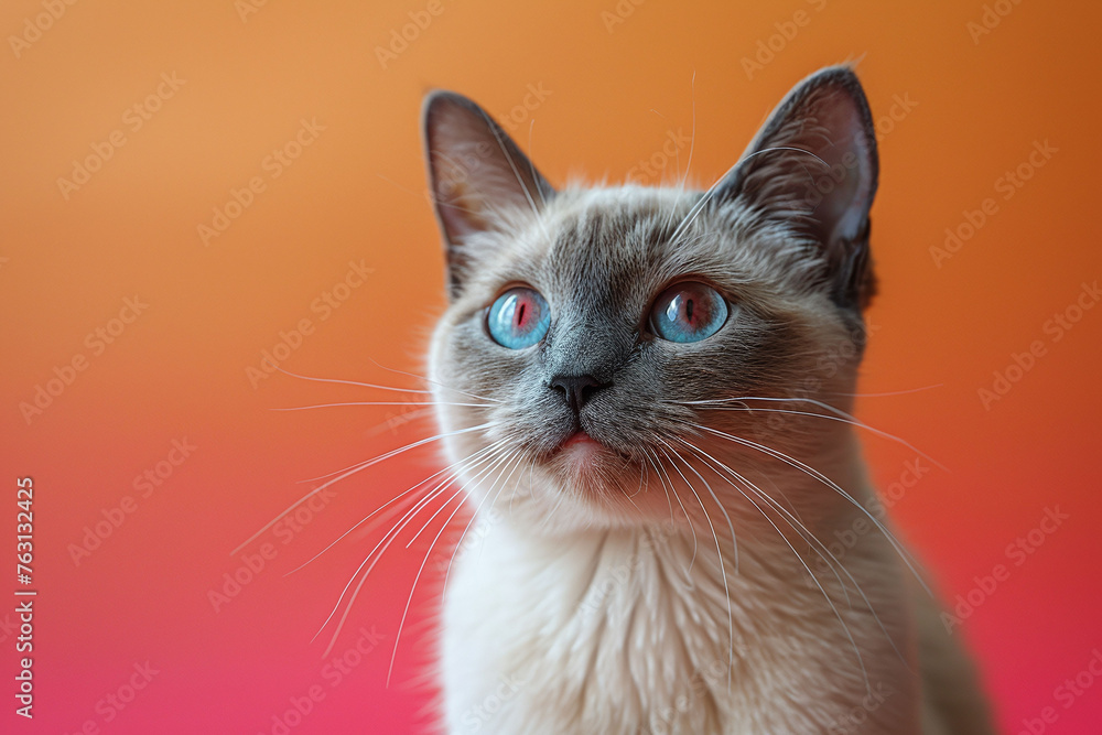 Siamese cat with blue eyes on gradient orange background. Close-up portrait for pet care concept, design for greeting card, poster