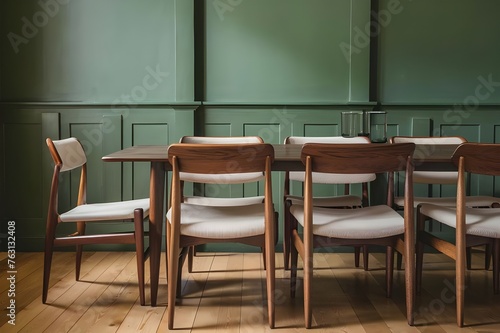 Dining table and chairs made of wood against a green wall. Modern dining room in Scandinavian style, inspired by mid-century design.