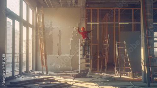 A wooden ladder leans against a sunlit wall with peeling paint, near a window, with a paint bucket, roller, and a dropcloth on the floor. photo