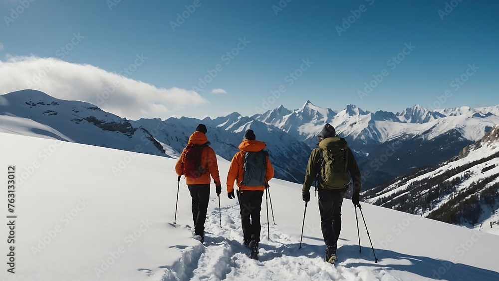 Hikers on the top of a mountain with snowshoes.