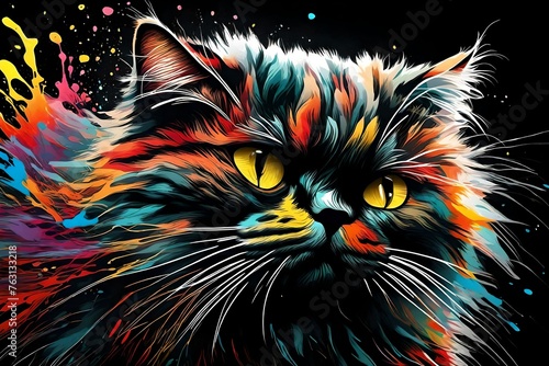 Persian cat colorful splash art graphic black background 