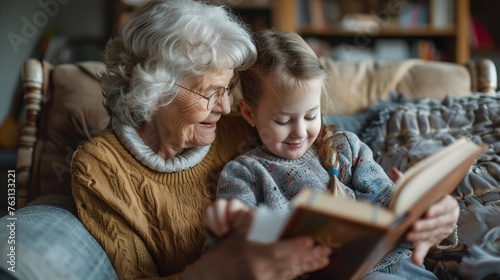 A sweet, content grandmother reading a book to her granddaughter. Generative Ai