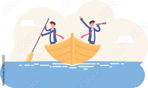 Business mans sailing on boat together. businessman is rower and businessman looking to a telescope. Business concept Vector, illustration, flat

