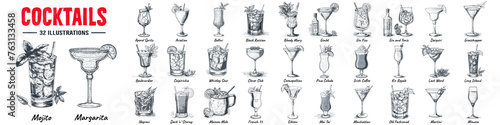 Alcoholic cocktails hand drawn vector illustration. Sketch set. Moscow mule, bloody mary, pina colada, mojito, margarita, daiquiri, Mimosa, long island iced tea, Bellini, margarita.