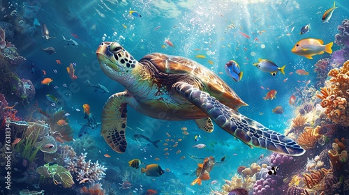 A turtle may be seen swimming in a school beneath the surface of the water. Generative Ai photo
