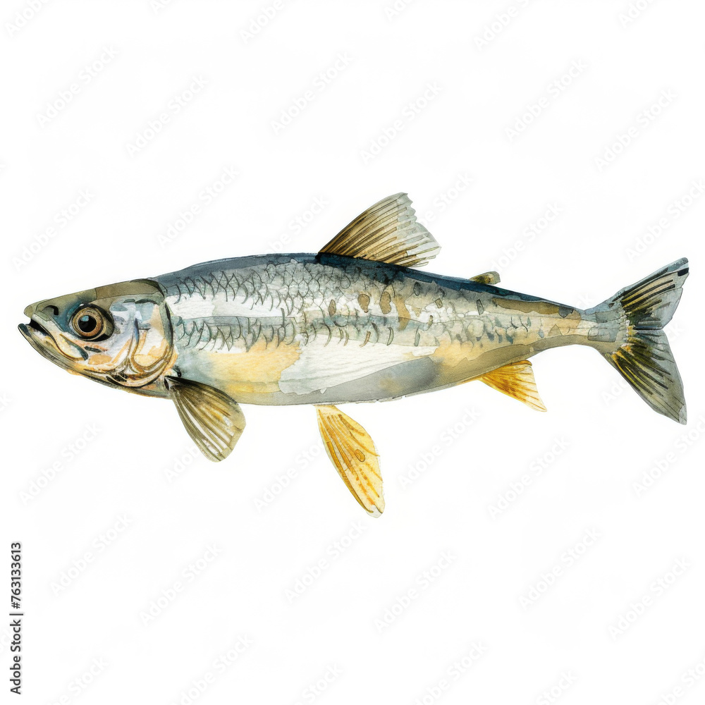A watercolor painting of a fish, rendered in natural hues, with emphasis on its delicate scale pattern. A watercolor painting of a fish, rendered in natural hues, with emphasis on its delicate scale pattern.
