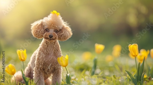Poodle posing with yellow tulips in the park, spring walk concept.
