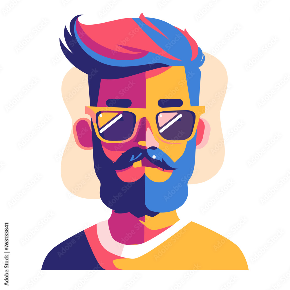 Hipster man with mustache and sunglasses. Vector illustration in flat style Hipster man with mustache and sunglasses. Vector illustration in flat style