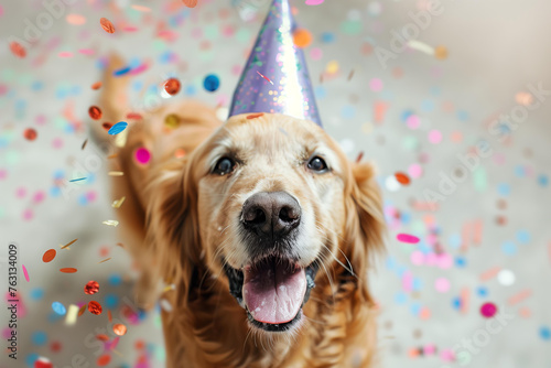 golden retriver dog wearing party hat with blured confetti , festive background
