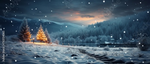 natural, snowy Christmas tree with colorfull lights in the forest