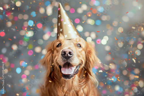 golden retriver dog wearing party hat with blured confetti , festive background photo