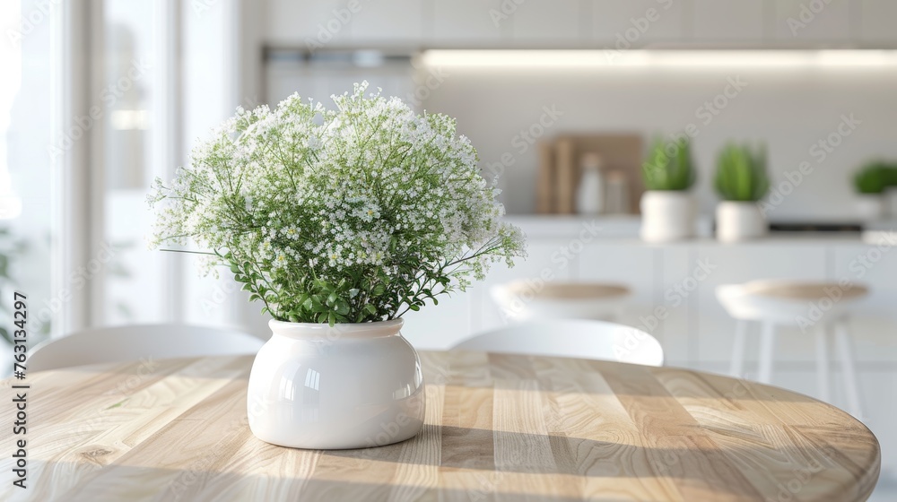 Warm sunlight on a rustic wooden table with a fresh bouquet in a bright kitchen Warm sunlight on a rustic wooden table with a fresh bouquet in a bright kitchen