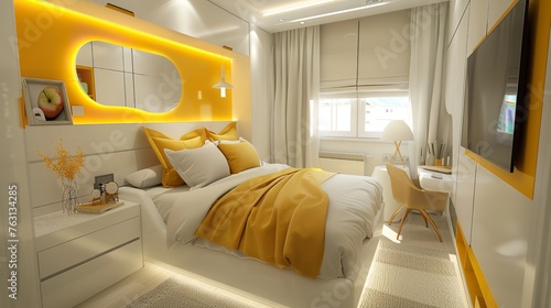 A white bed and yellow and white décor adorn a modest bedroom. Generative Ai photo