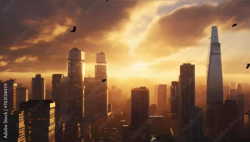 Beautiful city at sunset time, animated loop, 4k video Beautiful city at sunset time, animated loop, 4k video
