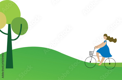 Eco-poster with a girl on a bike on a summer background. Vector of a girl in a blue dress. The idea, the concept, the banner. Vector Graphics EPS 10