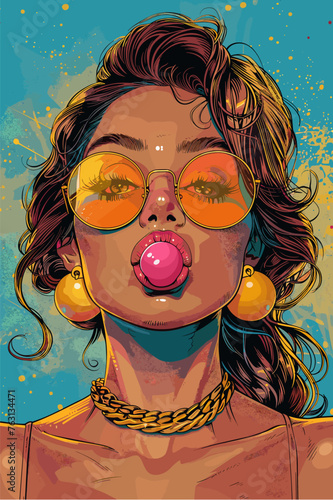 Vector illustration of a young woman blowing a bubblegum in retro style.