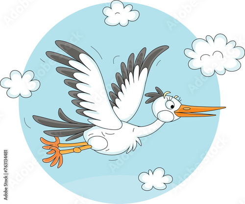 Funny cartoony stork flying among white clouds in the blue sky, vector cartoon illustration