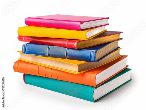 A vibrant pile of assorted hardcover books isolated on a white background.