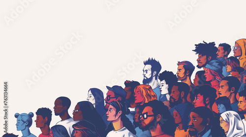 minimalist, crowd faces of people of different cultures, Connected crowd and Community. Social media and Concept networking. Diversity silhouette profile colors and Group of people talking. 