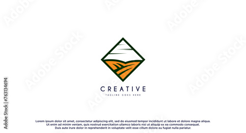 The farm logo template. Meadow silhouette, land symbol with horizon in perspective. Farm food badge. Vector